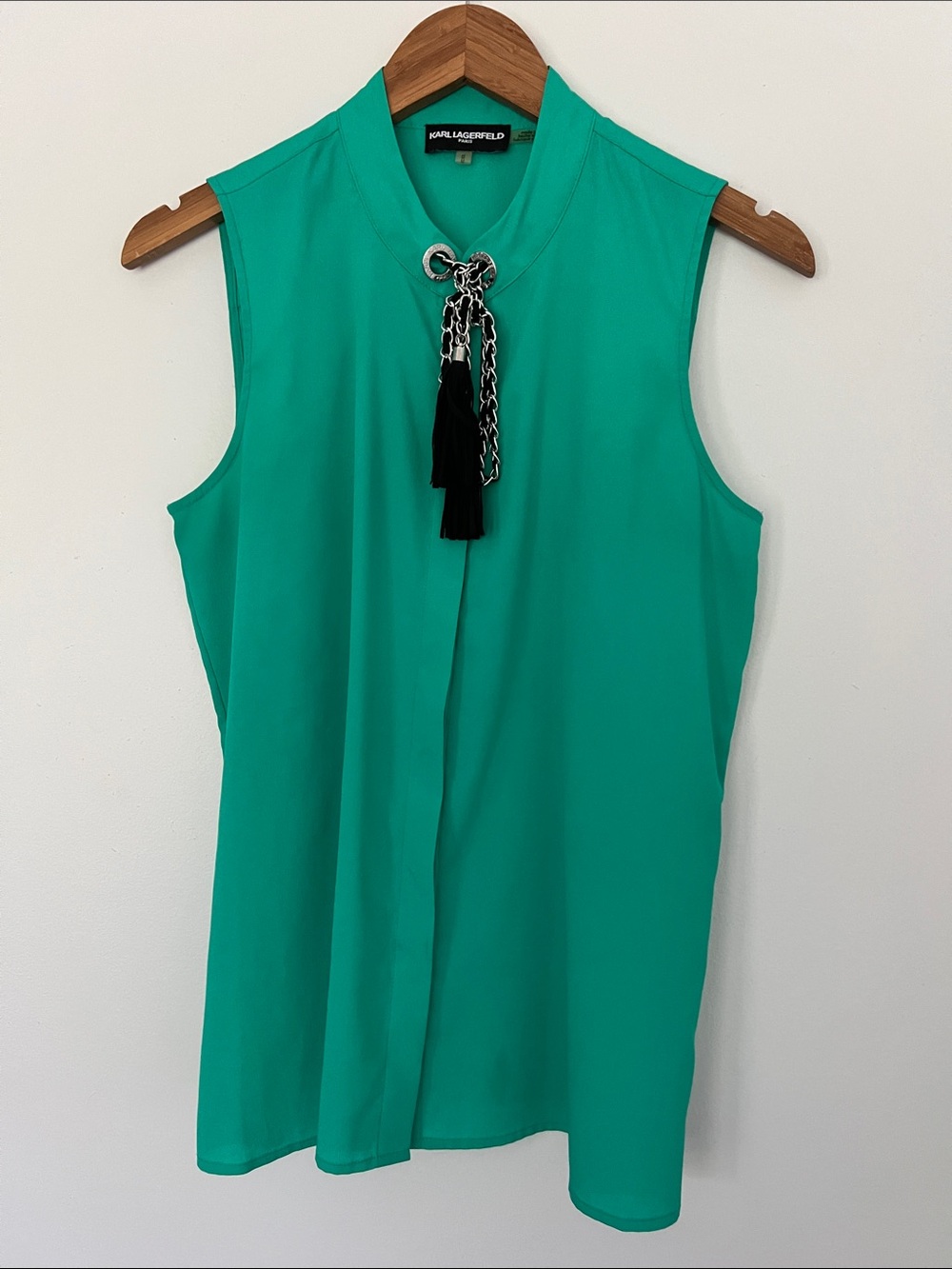 Karl Lagerfeld Sleeveless Green Tassel-Accent Blouse
